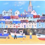 Neil Canning (b. 1960) British a brightly coloured harbour scene, mix media, signed to lower