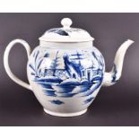 A large 18th century blue and white teapot decorated with an Oriental scene of buildings and