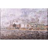 A large atmospheric painting of Cheney Wharf industrial buildings across the water on a stormy