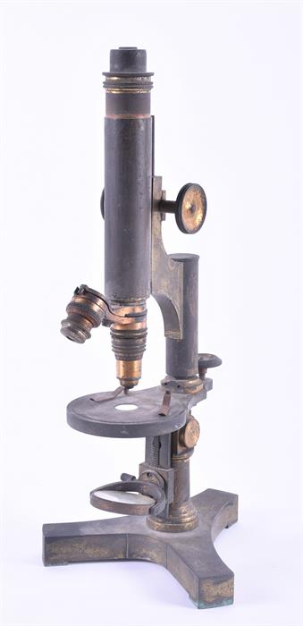 A 19th century scientific microscope  stamped R & J Beck to tricorn shaped weighted base, 34 cm - Image 6 of 12