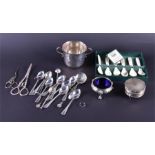 A quantity of silver items to include a two handled cup, a small tri-footed box, a mustard, two