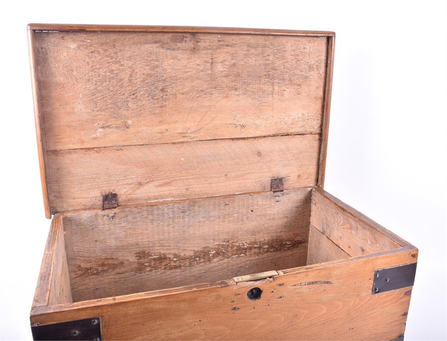 A small Victorian pine trunk with wrought iron handles and metal strap work. 61 cm wide. - Image 3 of 9