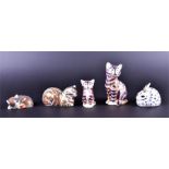 Five Royal Derby paperweights in the form of four cats and a rabbit, all painted with gilt