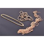 A quantity of 9ct yellow gold chain jewellery to include a rope twist necklace, a double link chain,