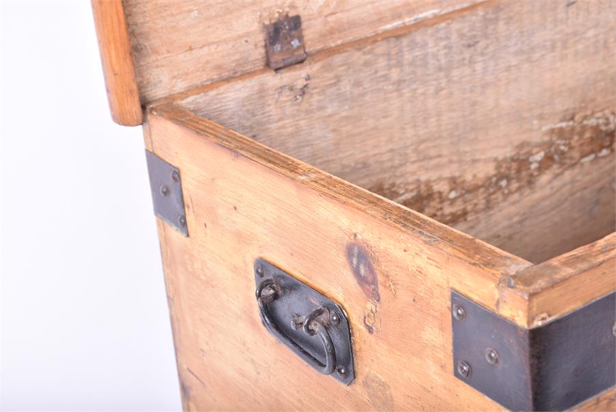 A small Victorian pine trunk with wrought iron handles and metal strap work. 61 cm wide. - Image 4 of 9