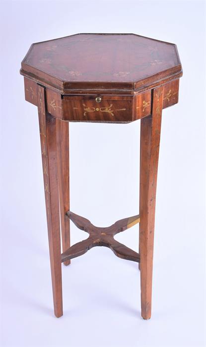 A small Edwardian Sheraton Revival occasional table/night stand  the octagonal top supported on four