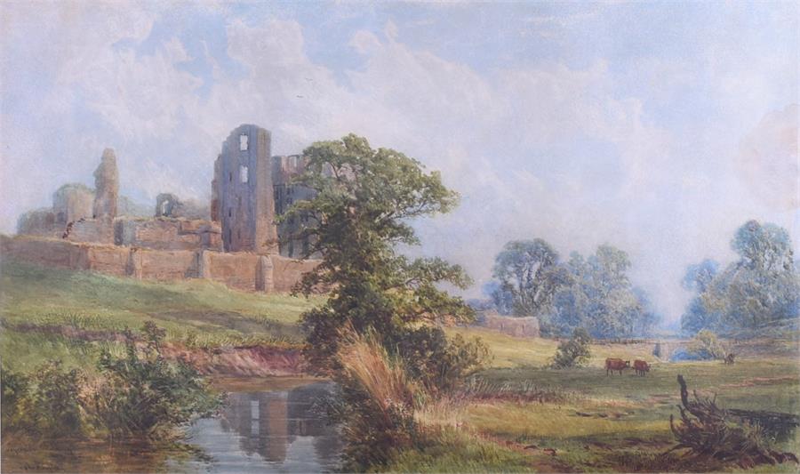 John Faulkner RHA (1835-1894) Irish a river runs calmly past a ruined abbey, cows graze in a field