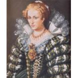 An Elizabethan style portrait miniature a lady in a high lace collar and elaborate green dress, 19th