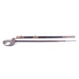 A Naval Officer's sword the brass handle with entwined crown and anchor crest, wire wrapped fish-