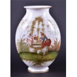 A 19th century hand painted opaque glass vase of footed ovoid form, decorated with a cherub