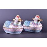 An unusual pair of eastern enamelled metalwork lidded vessels  possibly Chinese, depicting mallards,