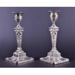 A pair of Victorian silver candlesticks in the Adam style Sheffield 1900, by William Hutton & Sons