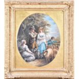 A 19th century gouache study of an 18th century countryside gathering a shepherdess pauses with