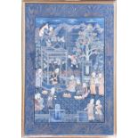 Two Indian watercolour miniatures on silk both depicting multi-figure garden scenes, both framed and