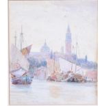 George S Elgood, (British, 1851-1943) 'Venice', 1911 a scene of ships beside the city, watercolour