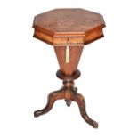 A small Victorian mahogany octagonal work box the top in burr veneers lifting to reveal a fitted