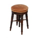 A Victorian mahogany piano stool the pale brown velvet seat of adjustable height, supported on