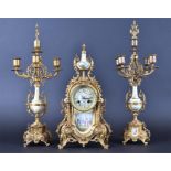 A 19th century ormolu cased mantel clock garniture  the painted porcelain dial with Roman numerals