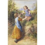 Joseph Bouvier, British (fl.1839-1888) A young woman helping a girl down from the steep bank of a