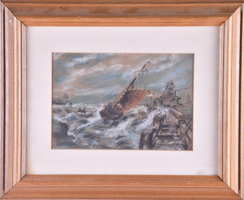 A ship sails close to the shore over turbulent waves 1941, pastel, signed Schulze to lower right, - Image 2 of 4