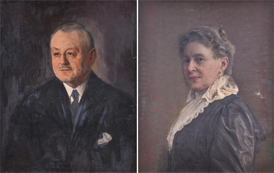 A pair of English School early-20th century portraits the man, oil on board, with 'Mrs Wanda