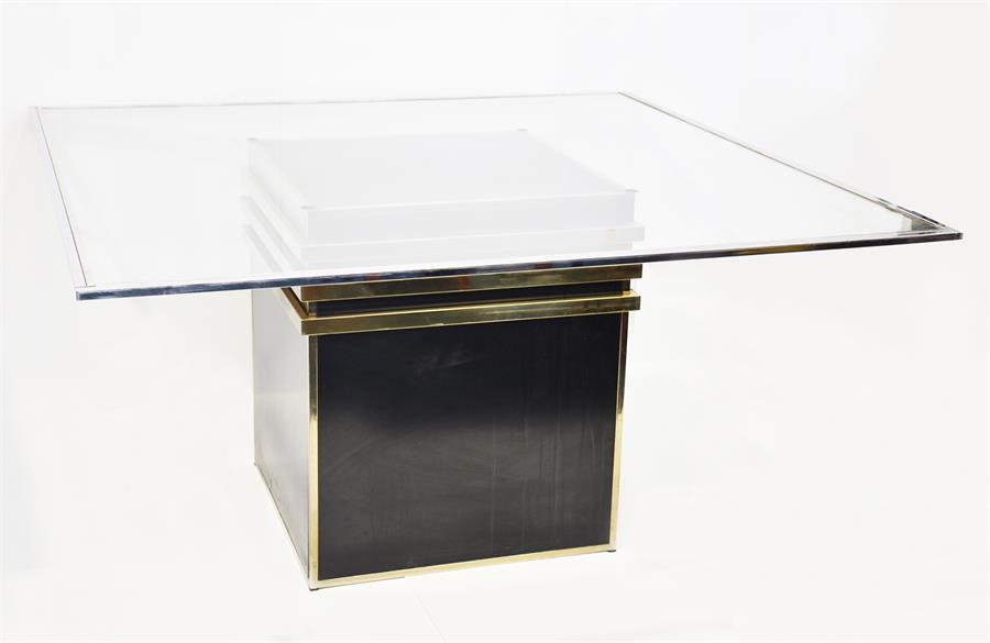 A large 20th century Italian pedestal dining table by Zevi the black squared base with brass bands