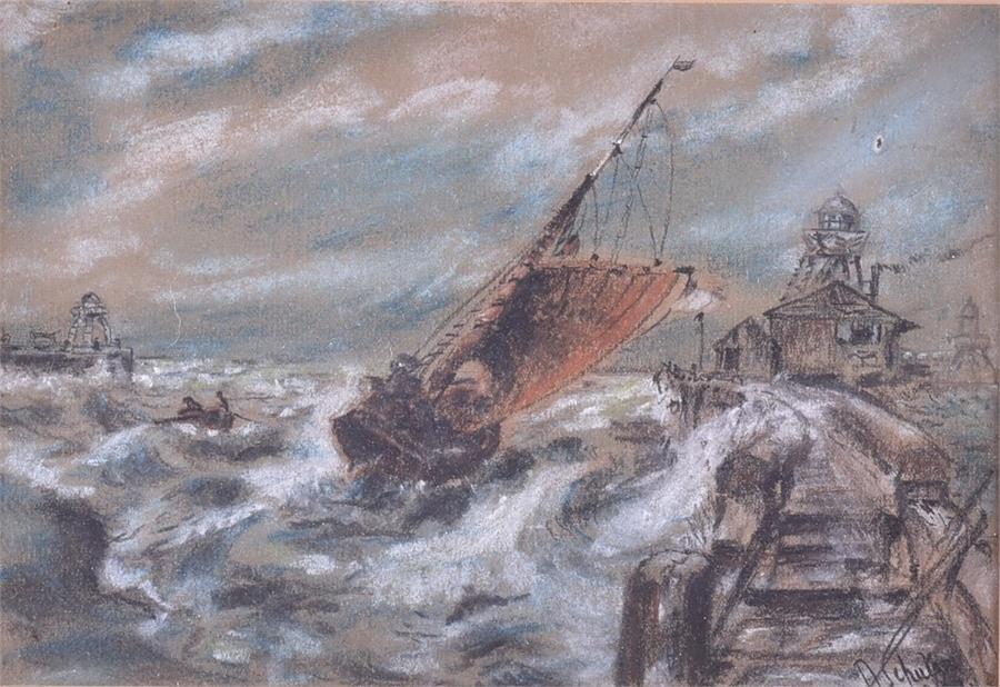 A ship sails close to the shore over turbulent waves 1941, pastel, signed Schulze to lower right,