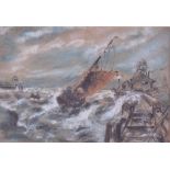 A ship sails close to the shore over turbulent waves 1941, pastel, signed Schulze to lower right,