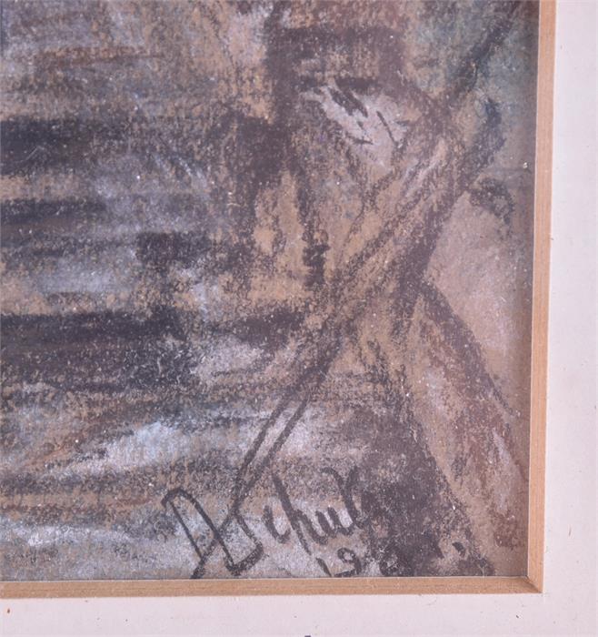 A ship sails close to the shore over turbulent waves 1941, pastel, signed Schulze to lower right, - Image 3 of 4