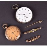 An 18ct yellow gold pocket watch the gilt dial with black Roman numerals, together with a silver