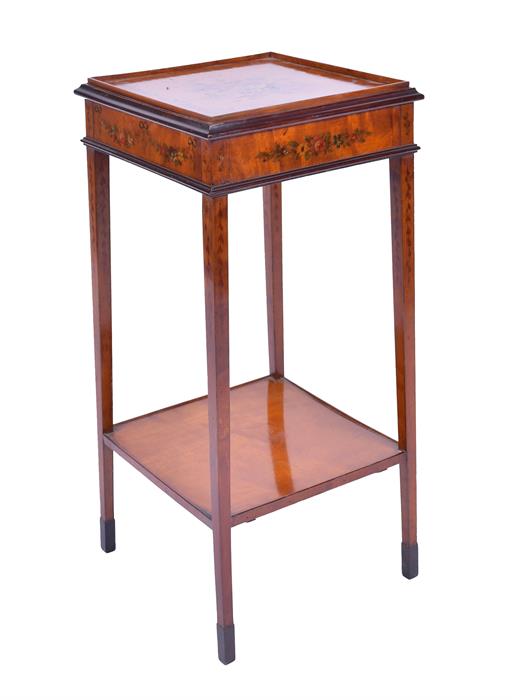 An Edwardian Sheraton Revival painted satinwood stand painted all over with flowers, the top with - Image 5 of 6