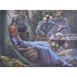 A 20th century pastoral scene, a family picnic together on a sleepy summer's day pastel, framed