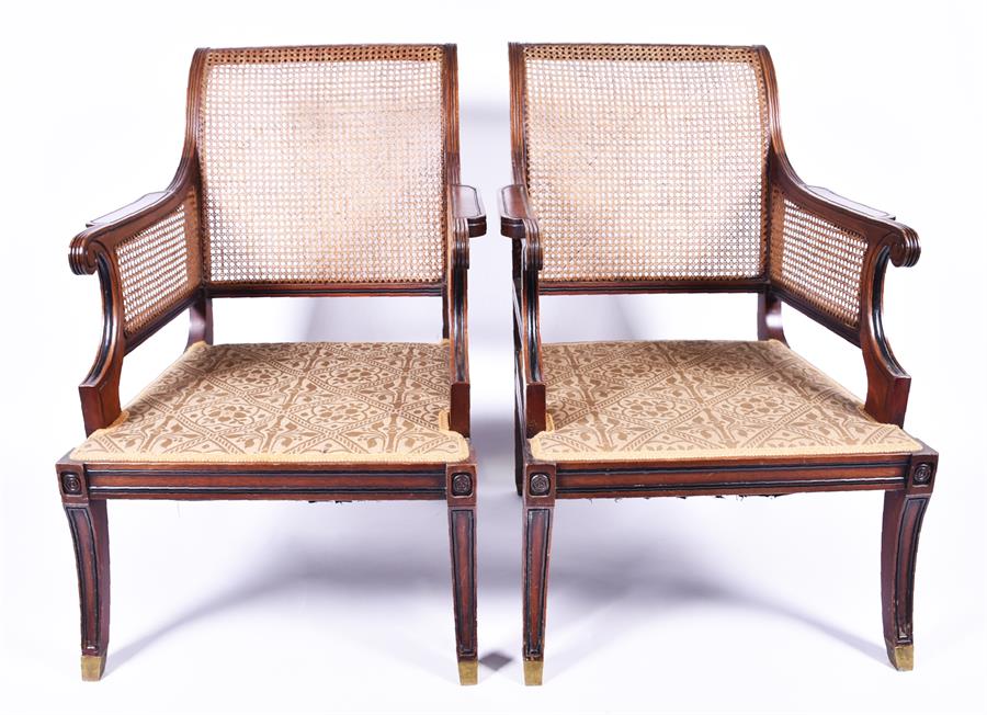 A pair of Regency style bergere library chairs the scrolled and reeded frames, and cane back and - Image 4 of 4