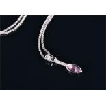A 9ct white gold, diamond, and amethyst drop pendant set with a marquise cut amethyst beneath pavé-