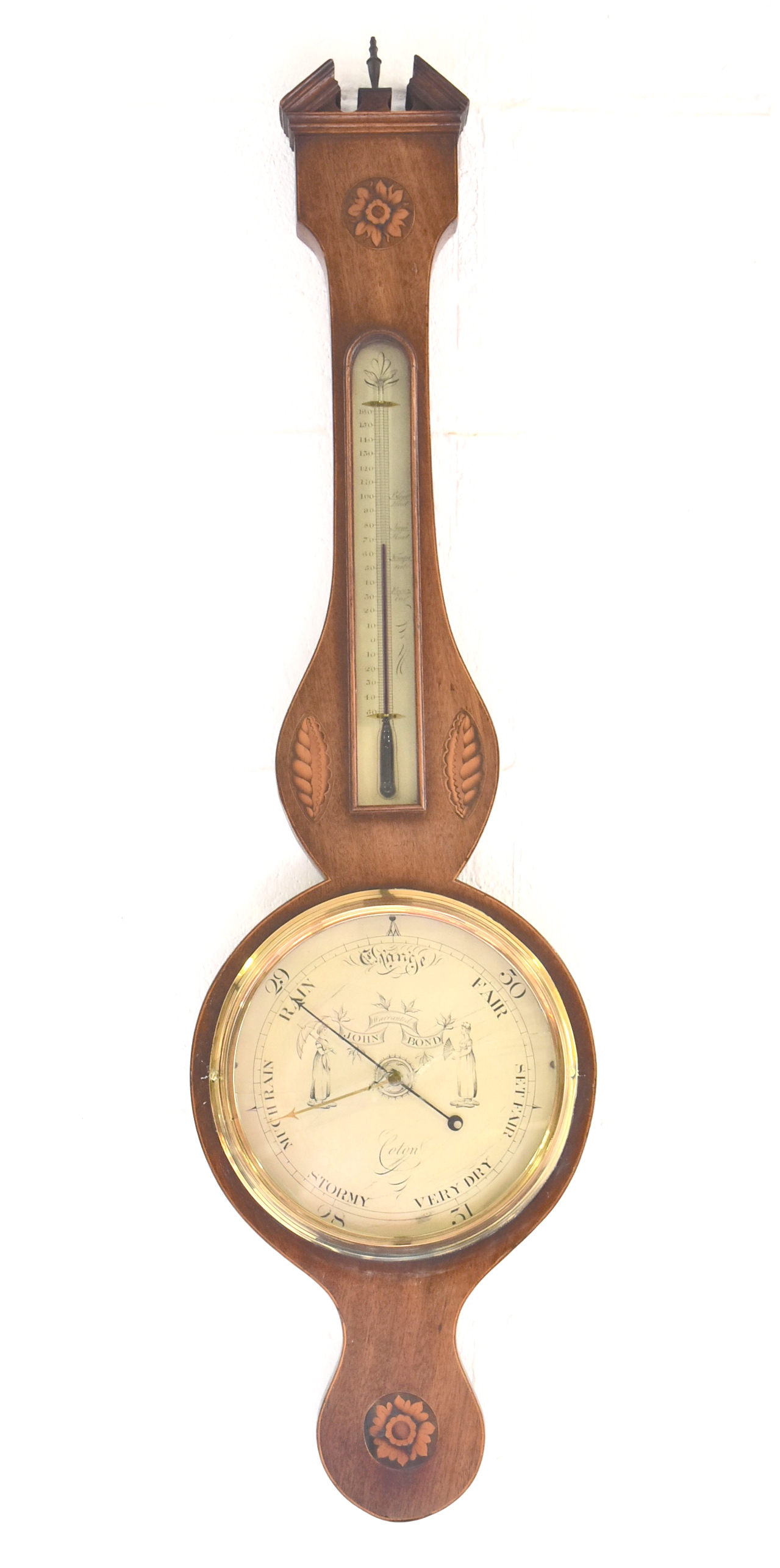 A 19th century manhogany banjo barometer by John Bond of Coton the silvered barometer dial with