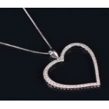 An 18ct white gold and diamond open-frame heart-shaped pendant set with diamond accents, 3.9 cm