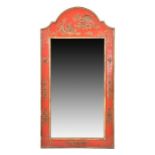 A large 20th century Chinese red lacquer wall mirror the red and gilt frame decorated with