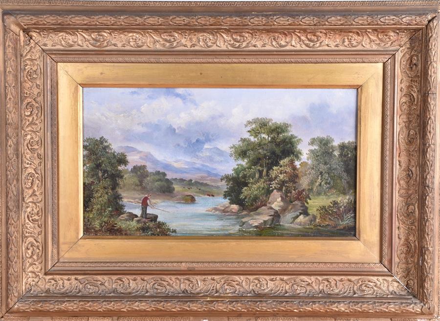 A late 19th / early 20th tranquil fishing scene oil on canvas, in a gilt gesso frame, 25.5 x 44 cm. - Image 2 of 6