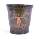 A Georgian studded and painted leather fire bucket or waste bin hand painted with a central putti