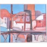 G. Melani (contemporary) Italian Darsena, an architectural vista, 1986, oil on canvas, framed and