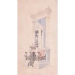 An unfinished French watercolour of a church monument marked 'Famille Jouffrey' with classically