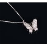 An 18ct white gold and diamond butterfly pendant 1.2 cm wide, suspended on an 18ct white gold chain,