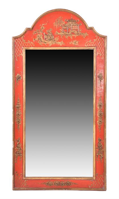 A large 20th century Chinese red lacquer wall mirror the red and gilt frame decorated with - Image 2 of 2