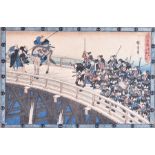 A pair of 19th century Japanese woodblock prints depicting marching soldiers in ornately patterned