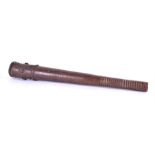 An unusual antique studded oak club of tapering form with a turned handle, terminating in iron bands