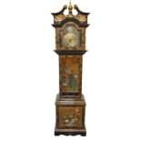 A 20th century 8 day longcase clock the black lacquered case heavily hand painted and gilded with