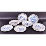 A set of 10 Wedgwood blue and white reticulated hunting scene plates together with two cake stands