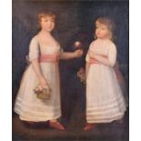 A Victorian portrait of two sisters in matching dresses standing in a garden and holding bouquets of