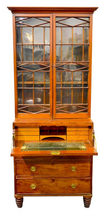 A 19th century mahogany secretaire bookcase with later added lighting the top with two astral and - Image 4 of 6