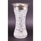 A large George V silver rimmed clear cut glass vase Birmingham 1911, by John Grinsell & Sons, the